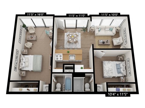 Floor plan for 2 beds, 2 baths, 836 sqft